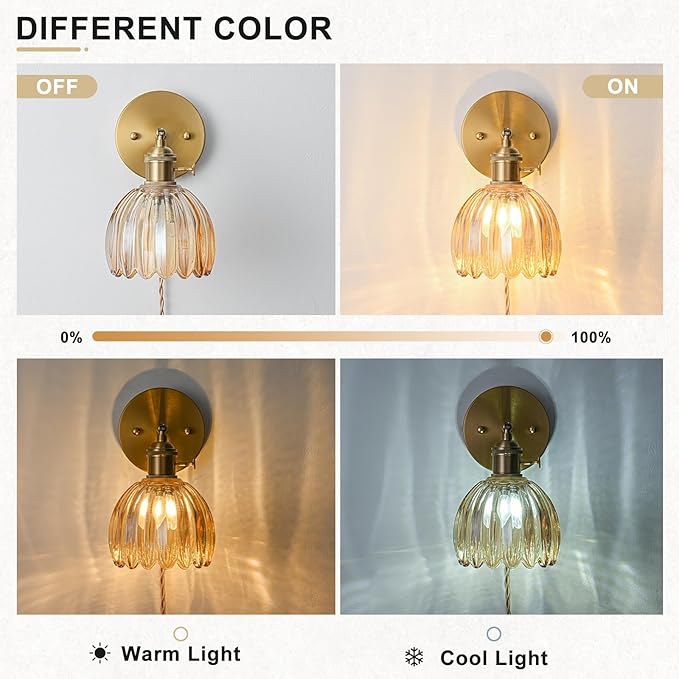 Plug in Wall Sconce, Vintage Sconce Light with Tulip Amber Glass Lampshade, 180° Adjustable Wall Sconce with Switch and Plug in Wall Lamp Cord, Gold Wall Light for Bedroom Bedside
