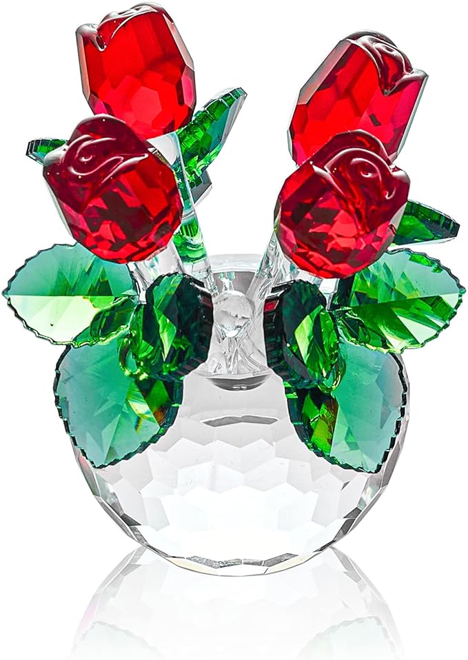 HomeRoots Crystal Red Rose Bouquet Figurine - Glass Flowers for Home Decor & Special Occasions - Unique Collectible Roses Ornament | Romantic Gifts for Her on Valentine's, Christmas, Anniversary