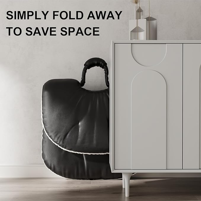 Folding Comfy Saucer Chair, Pu Leather Butterfly Chair, Moon Chair for Indoor & Outdoor, Small Reading Lounge Lazy Chair for Bedroom,Living Room, Dorm Rooms,Small Space (Black)