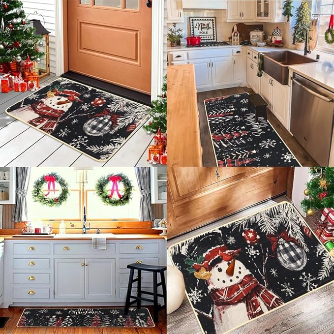 Snowman Christmas Trees Snowflake Christmas Kitchen Mats Set of 2, Black Winter Holiday Home Decor Kitchen Rugs for Floor 17x29 and 17x47 Inch