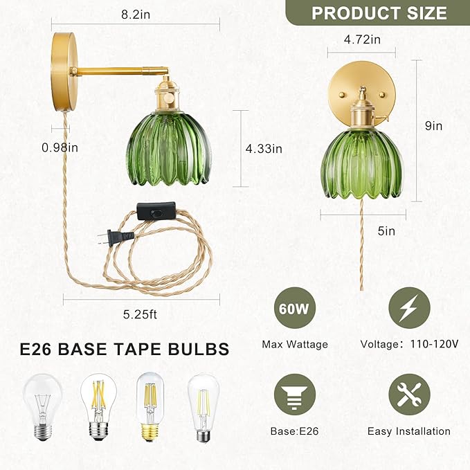 Plug in Wall Sconce, Vintage Sconce Light with Tulip Green Glass Lampshade, 180° Adjustable Wall Sconce with Switch and Plug in Wall Lamp Cord, Gold Wall Light for Bedroom Bedside