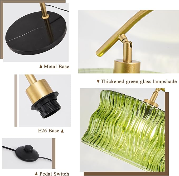 Glass Floor Lamp for Living Room, Modern Gold Standing Lamp with Remote Control & 3 Color Temperature, Green Floor Lamps with Glass Lampshade Dimmable Tall Floor Lamp for Bedroom Corner