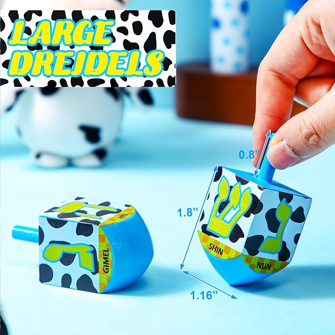 2 Pcs Hanukkah Dreidels Game Toy Extra Large Wooden Dreidel for Hanukkah Decoration with English Transliteration, Forever Spinning Tops Party Favors(Cow Print)