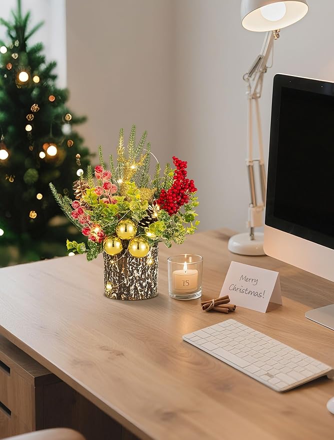 BLOSMON Christmas Centerpieces for Tables with Lights: Lighted Small Christmas Tree Fireplace Tabletop Decorations - Mini Xmas Tree for Indoor Home Office Dining Room