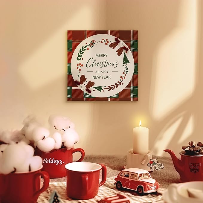 ArtbyHannah Christmas Canvas Wall Art Decor, 3D Textured & Holly Red Berry Wall Decor with Red & Green Plaid Prints for Home Kitchen Dining Party Bathroom Winter Holiday Xmas Decorations (16x16 inch)