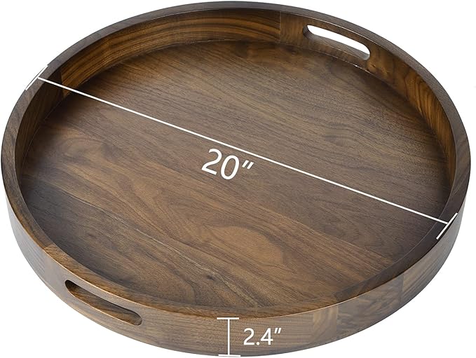 20 x 20 inches Large Round Ottoman Table Tray Wooden Solid Black Walnut Circle Platter Decorative Serving Tray with Handle for Oversized Ottoman Home Breakfast in Bed Tea Coffee