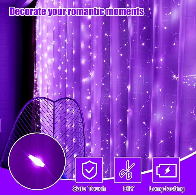 Purple Curtain Light for Bedroom, 300 LED 9.8ft x 9.8ft Window Fairy Curtain String Light with 16 Hooks, 8 Models Remote Control for Wedding Party Home Garden Indoor Decorations