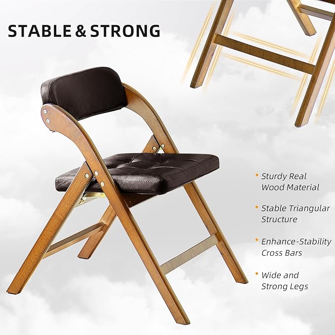 2 Pack Wooden Folding Chair with Padded Seat Stackable Wooden Foldable Chair, Folding Chairs with Cushion for Guests Kitchen, Bedroom, Office, Wedding, Library, Party, Picnic (Natural Brown)