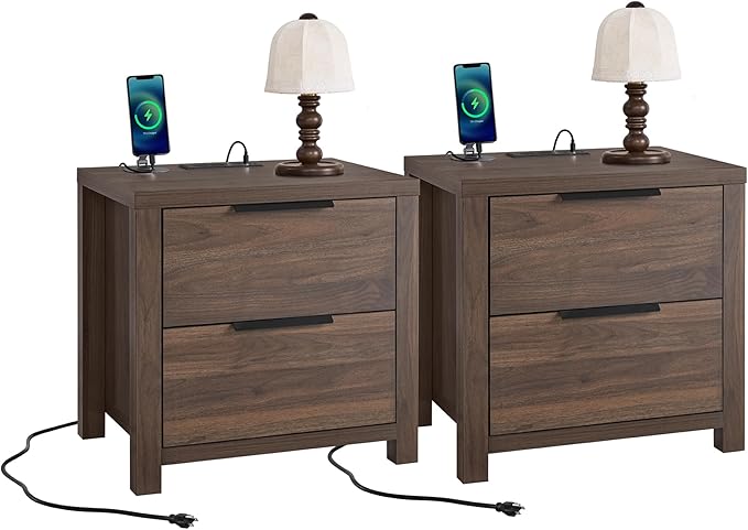21" Farmhouse Nightstand Set of 2 with Charging Station 2 Drawers Large End Table with Metal Handle Rustic Low Night Stand Wood Dresser for Living Room Bedroom Closet,Walnut