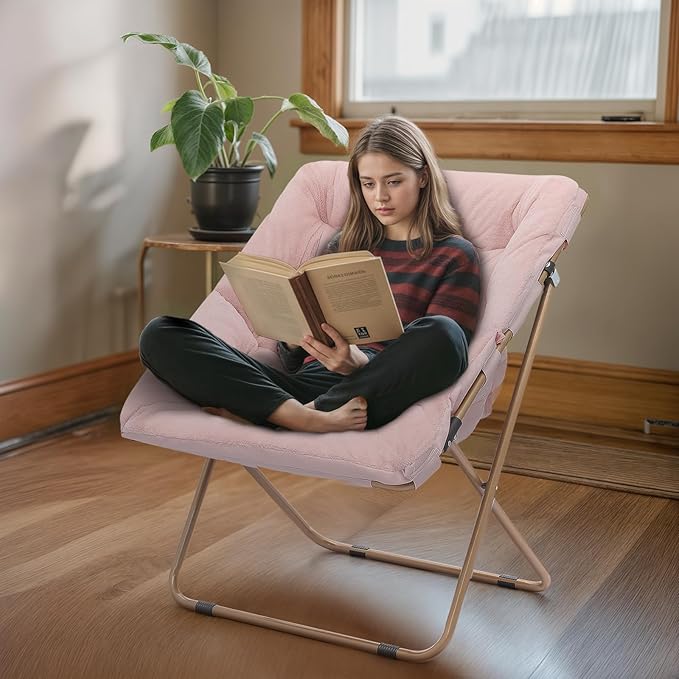 Athena Collection Saucer Chair for Adult, Square Comfy Cozy Chair Folding Chair Faux Fur Metal Frame Foldable Reading Chair Accent Chair for Bed Room Living Room Set of 2, Pink