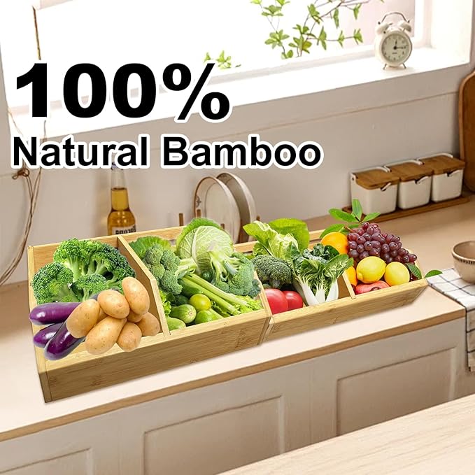 2-Pack Stackable Vegetable Storage Bins, Kitchen and Pantry Organizers and Storage Baskets, for Fruit, Vegetable, Produce, Bread, Potato Onion and Snacks, Bamboo Kitchen Storage Containers