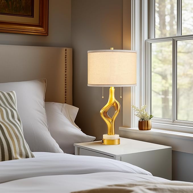 26” Modern Table Lamp Set of 2 for Living Room Bedroom, Gold Sculptural Table Lamp with 2 USB Ports, Resin Desk Lamps Marble Base with Double Pull Chains for Bedside End Tables, Bulb Included