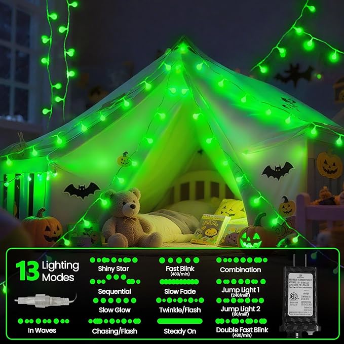 Connectable Green Halloween Lights Outdoor Indoor - 43FT 100LED Globe String Lights Plug in with Timer, 13 Modes Fairy Light Waterproof for Party Halloween Decorations Bedroom Decor