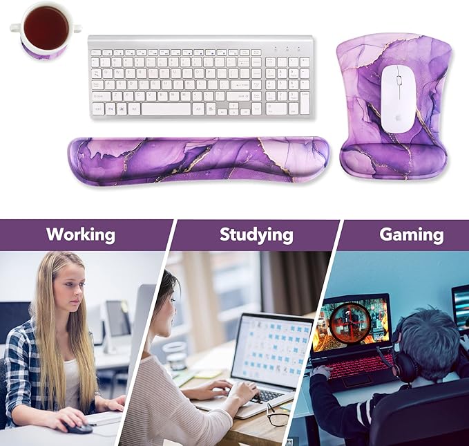 AIMSA Ergonomic Keyboard Wrist Rest and Mouse Pad with Wrist Support Set, Memory Foam Non-Slip Rubber Base, for Home, Office, Easy Typing, Pain Relief, Purple Marble