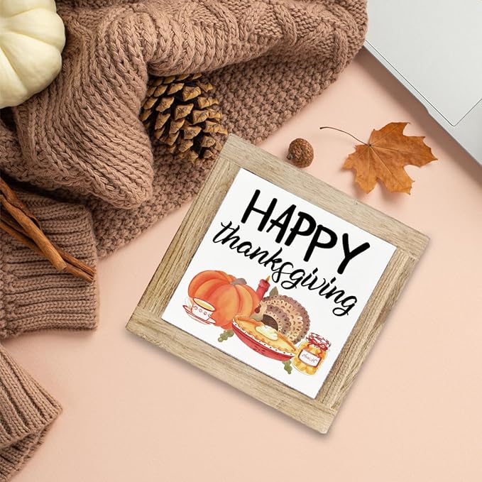 Happy Thanksgiving Wood Signs, Fall Decor Art, Decorative Wooden Plaque for Office Home Party Decors, Pumpkin Decoration, Thanksgiving Gift, Box Sign Wood Desk Sign Decor 5.9X5.9X0.7inches