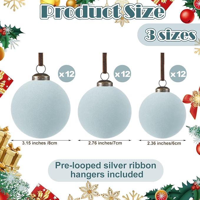 36 Pcs Velvet Christmas Balls Bulk - Flocked Christmas Tree Ball Ornaments Hanging Decoration for Xmas Tree, Wreath, Home or Party Decorations, 2.36", 2.76", 3.15"(Gray Blue)