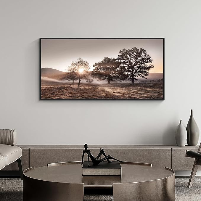 Sunset Landscape Framed Wall Art - Mountain Canvas Picture Forest Nature Artwork Wildness Tree Scenery Prints for Bedroom Living Room