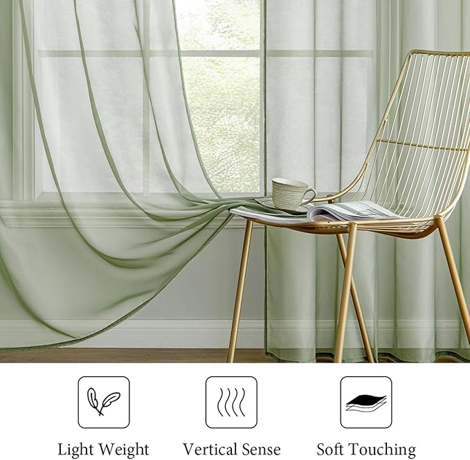 MIULEE 2 Panels Sage Green Sheer Curtains 90 inches Long Window Curtains Rod Pocket Elegant Window Voile Panels/Drapes/Treatment for Bedroom Living Room (54X90 Inches)