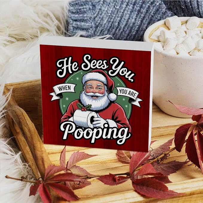 HTBIG Funny Bathroom Christmas Decor He Sees You When You Pooping Bathroom Wooden Box It In The Corner Shelf 5 x 5 Inch