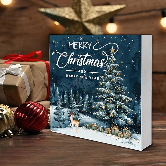 Christmas Signs, Merry Christmas Wooden Sign Deer Decor, Happy New Year Wooden Block Sign, Christmas Home Decor for Table Shelf 5 x 5 Inch