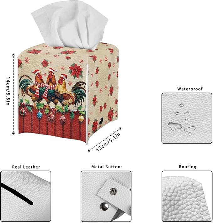 Christmas Tissue Box Holder Square PU Leather Tissues Cube Box Cover Modern Decorative Rooster Poinsettia Facial Napkin Holder Case for Car Kitchen Bedroom Bathroom