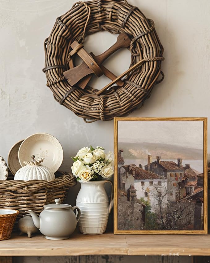 VIYYIEA Vintage Framed Canvas Wall Art, European Towns Landscapes Art, Living Room Hallway Bedroom Library Rustic Retro Neutral Decor, Small Antique Country Town Picture Paintings,8x10 Inch