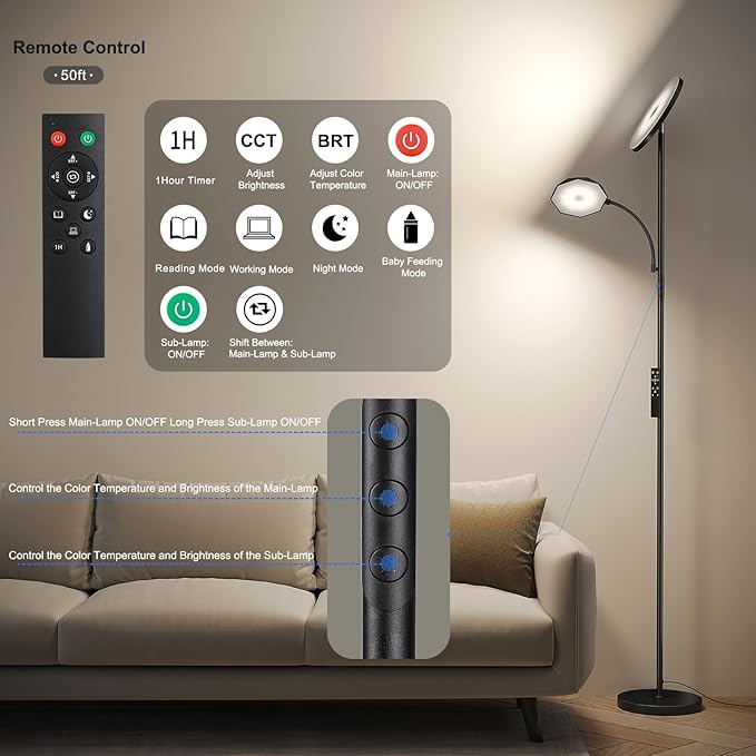 SUNMORY Floor Lamps for Living Room, 48W/4200LM Super Bright LED Floor Lamp with Remote Control, 69" Tall Standing Lamp with Stepless Dimmable, Modern Torchiere Reading Lamp for Bedroom, Office