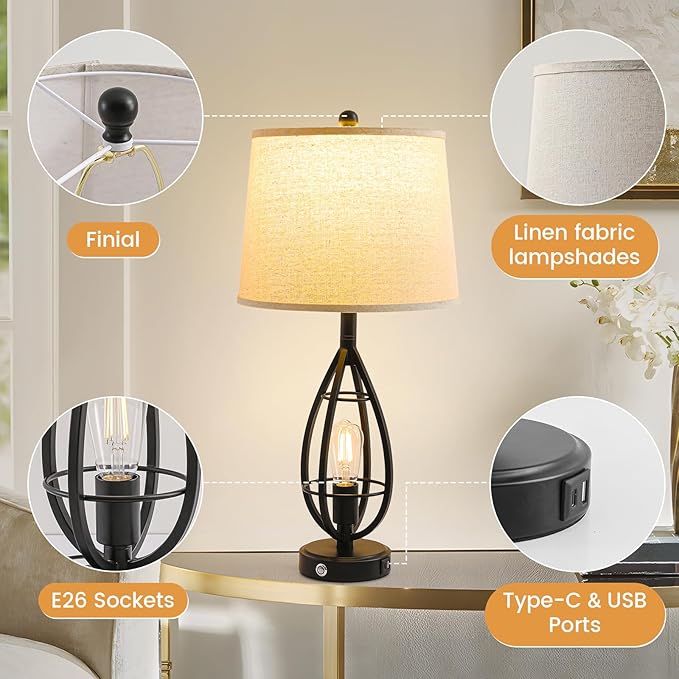 27.8" Farmhouse Table Lamps for Living Room Set of 2,Black Lamps for Night Stands with USB A+C,Dimmable Touch Industrial Bedside Lamps,Rustic Lamp for Bedroom End Tables