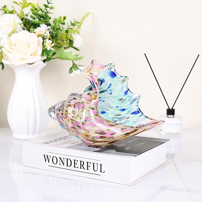 LCCCK Hand Blown Glass Conch Shell Sculpture, Sea Glass Art Figurines, Beachy Room Decor, Pink Conch Shell Decorative Statues, Sea Shell Coastal Decor for Shelf House Room, Beachy Gifts