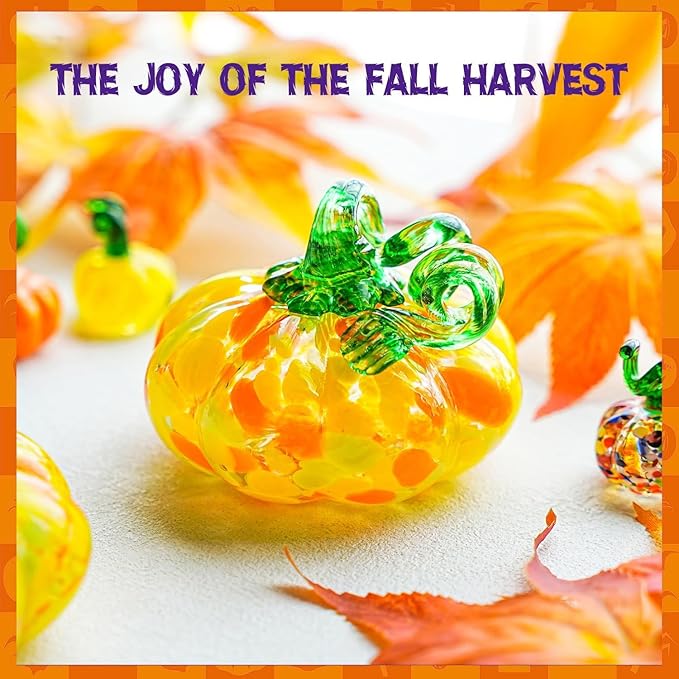 H&D HYALINE & DORA Hand Blown Glass Pumpkin Figurine for Decorations Fall, Yellow Glass Pumpkin Crafts Tabletop Decor for Autumn Halloween Thanksgiving Saints' Day Home Indoor Outdoor