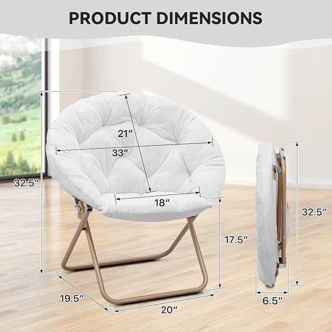 Magshion Saucer Chair for Adults, Comfy Living Room Lounge Chair for Bedroom Corner, Dorm, Apartment, Faux Fur Fluffy Circle Accent Seat with Thick Padded & Folding Metal Frame (White)