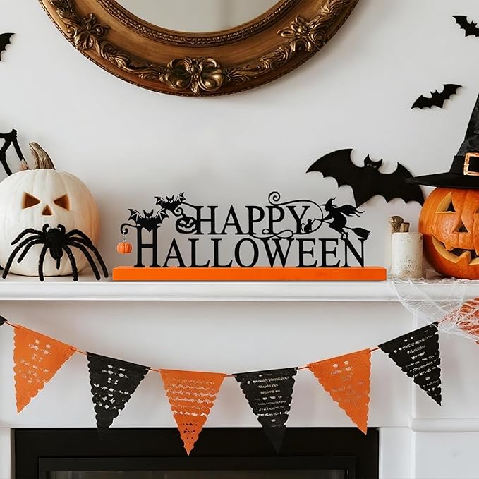 Metal Holiday Table Sign Decor, Decorations Tabletop Centerpiece for Home, Office, Shelf, Tiered Tray, Mantel, Indoor, Merry Christmas, Happy Halloween