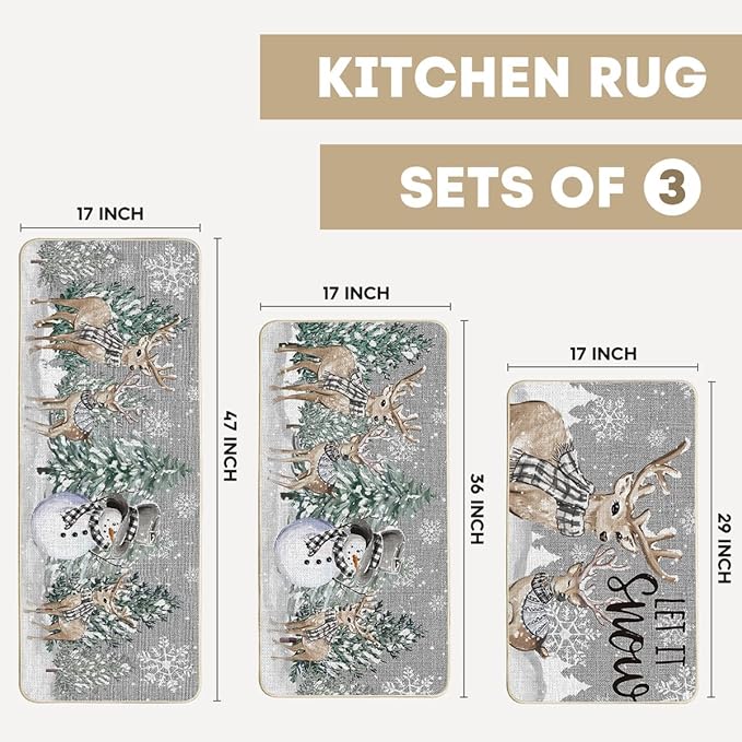 Artoid Mode Deer Tree Let It Sonw Snowflakes Christmas Kitchen Mats Set of 3, Winter Decor Low-Profile Kitchen Rugs for Floor - 17"x29"+17"x36"+17"x47"