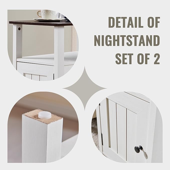 Farmhouse Nightstands Set of 2, Narrow Bedside Table with Charging Station, Night Stand Set 2 with Storage & Open Shelf, End Tables w/Groove Barn Door for Bedroom, Living Room-Antique White