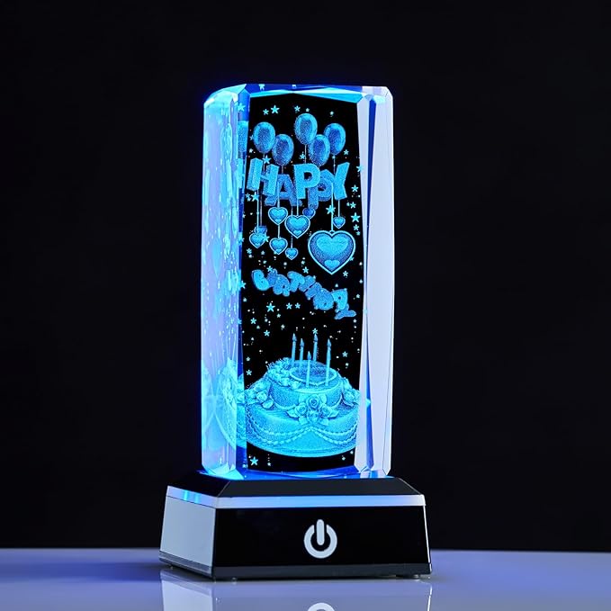 3D K9 Crystal Night Light with LED Light Base Gift for Women Men Girlfriend Christmas Valentines Anniversary Birthday Gifts (Happy Birthday)