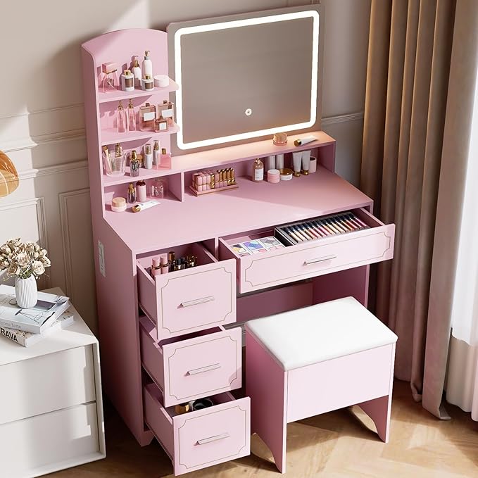 Vanity Table with LED Mirror & Power Outlet - 5 Open Shelves, 4 Drawers - Includes Padded Stool - Ideal Bedroom Makeup Dressing Table (Pink)