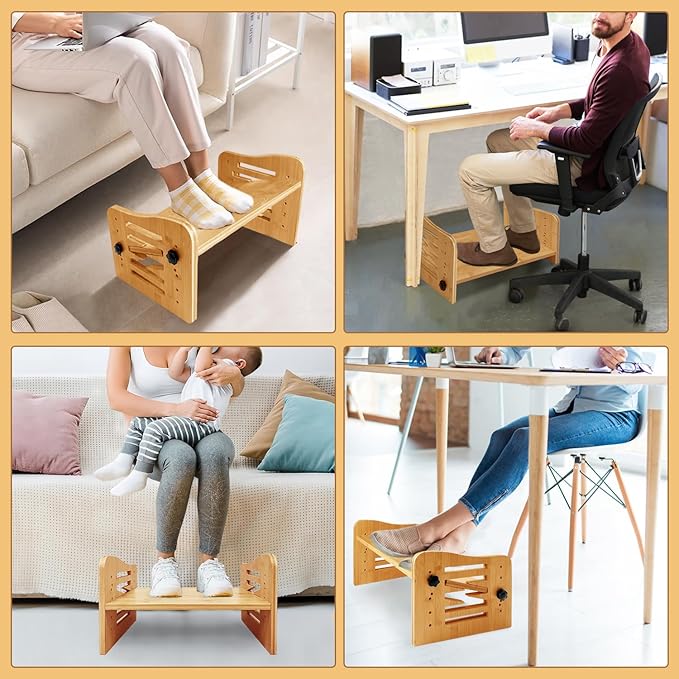 Myplace Bamboo Adjustable Under Desk Footrest with Memory Foam Pad - Ergonomic Foot Rest with 7-Level Adjust, Slanted Foot Rest Stool for Home Office Kitchen Bedroom (Burlywood)