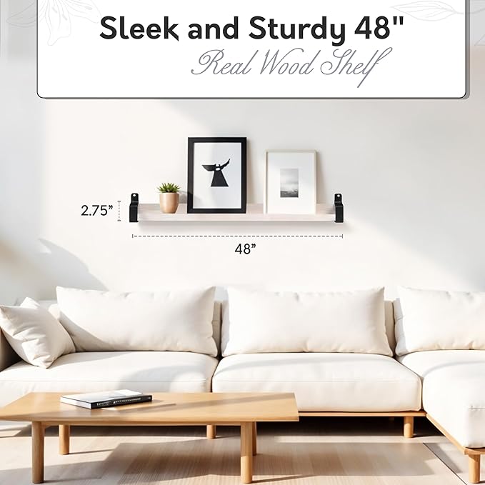 InPlace Wall Mounted Floating Shelf, Real Wood Industrial Bracket Ledge, 5" D x 48" W x 2.75" H, Distressed White, Heavy-Duty for Living Room, Bathroom, Kitchen, Office 9602118E