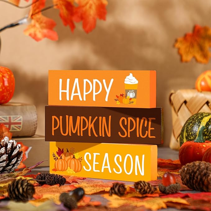 3 Pcs Thanksgiving Wooden Tabletop Signs Pumpkin Tiered Tray Decor Fall Double Side Centerpiece Rustic Wooden Block for Home Autumn Table Mantel Harvest Shelf Decor