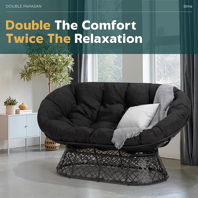 Bme Double Papasan Chair, 600lbs Capacity, Ergonomic Design, Soft Thick Fabric, Bee-Designed Base, Durable Steel, 61", Black Cushion-Black Frame