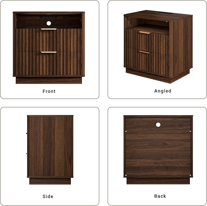 Large Fluted Nightstand Set of 2 with Charging Station, 23" Modern Farmhouse Night Stand, 2 Drawers End Table with Storage, Bedside Table for Bedroom Sofa Home Office (Walnut)