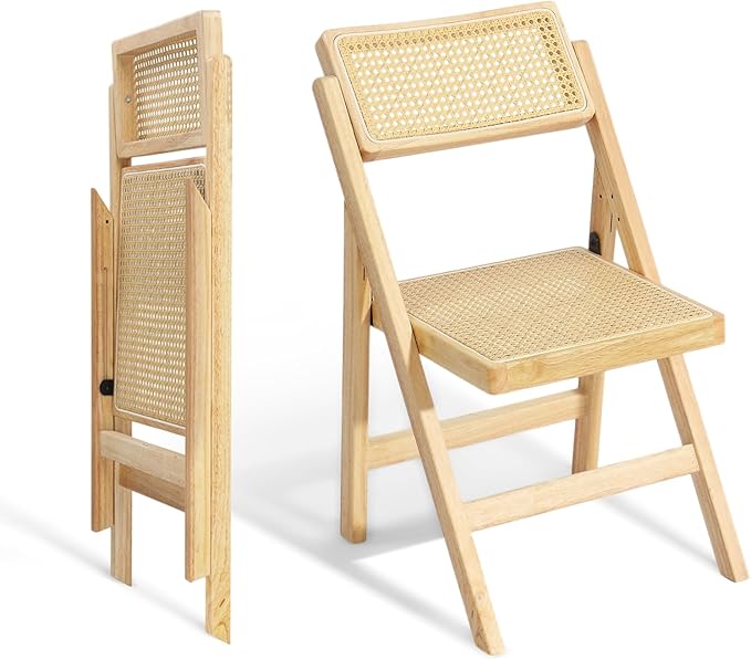 VINGLI 2 Pack Rattan Wooden Folding Chair, Dining Folding Chair with 360° Swivel Backrest, Sturdy Rubberwood Frame and Rattan Woven Seat and Back, Natural Color, Set of 2