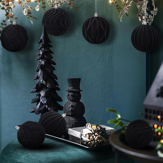 4 Pcs 4 Inch Large Velvet Christmas Ball Ornaments Vintage Christmas Plastic Ball Ornaments Flocked Tree Hanging Decoration for Xmas Party Wedding Home Decor(Black)