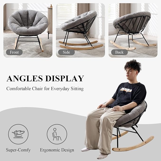 NIOIIKIT Nursery Saucer Rocking Chair, Corduroy Upholstered Round Glider Chair, Nursing Chair with Comfy Cushion, Tufted Papasan Chair, Cozy Reading Chair for Living Room, Bedroom (Grey)