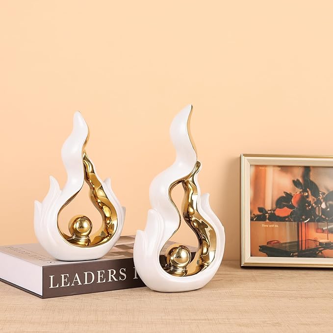2 Pcs White and Gold Ceramic Sculptures for Home Decor, Modern Abstract Art Statues, Centerpieces for Dining Room Table, Living Room, Shelf, Mantel, Coffee Table, Entryway Accent Decorations