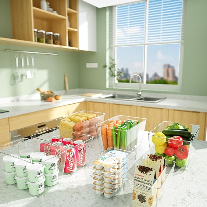 BALEINE Clear Plastic Storage Bins, Pantry Organization, BPA Free Stackable Refrigerator Organizers and Storage with Handles for Kitchen Fridge Cabinet Bathroom (8PK, 11x7.5x6)