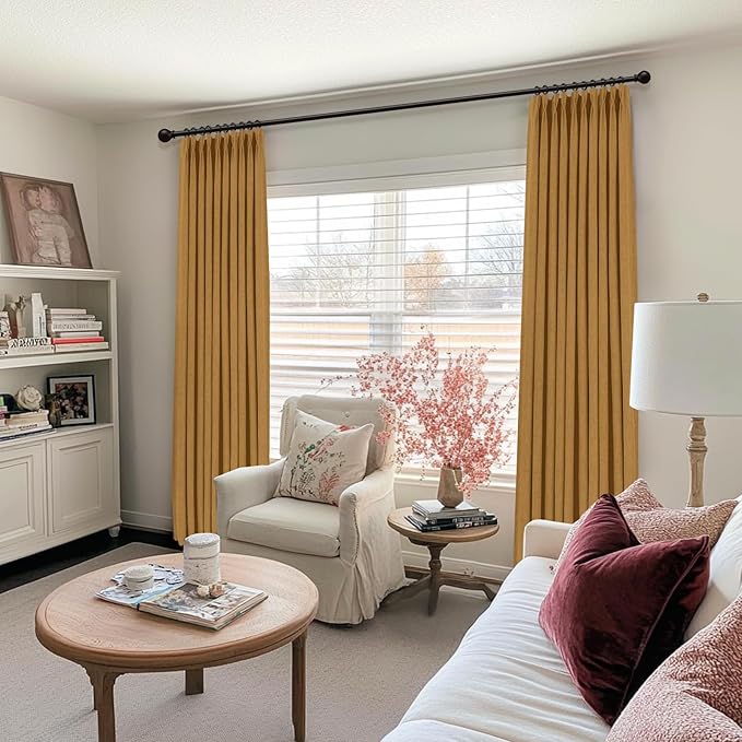 100% Blackout Shield Linen Look Textured Pinch Pleated Curtains Blackout Drapes 108 Inch Long 2 Panels Set, Faux Linen Blackout Curtains for Bedroom & Living Room, 40" W x 108" L, Mustard Yellow