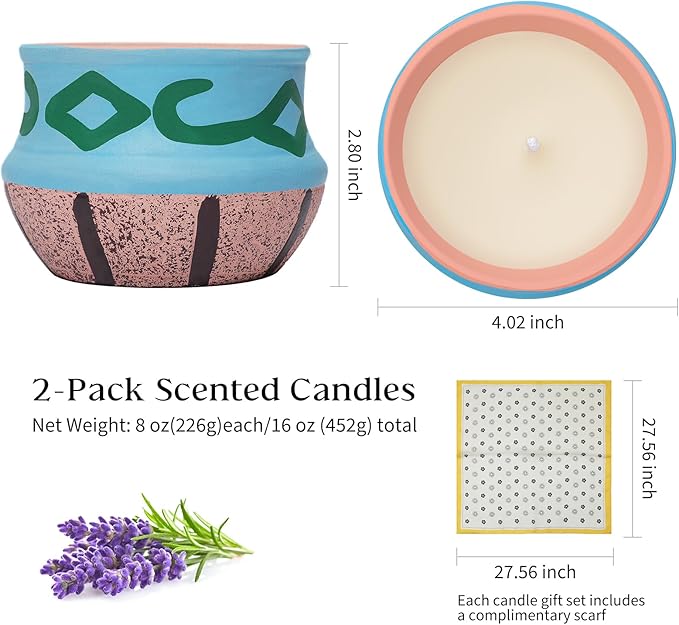 Lavender Candles, Scented Candles Gift Set for Women,Candles for Home Scented,Natural Soy Wax, Artisanal Pottery Jar,Set 2 Pack, Total 16oz, 90 Hours of Burn, One Silk Scarf