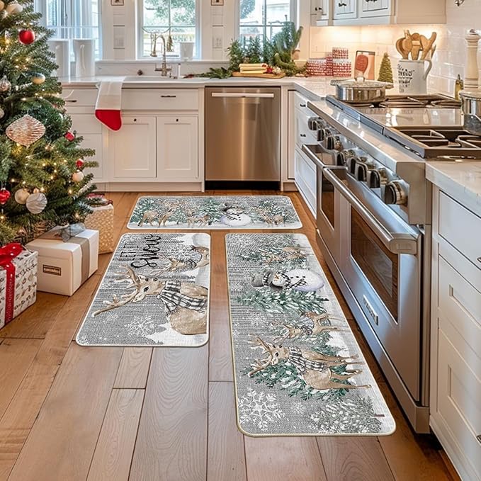 Artoid Mode Deer Tree Let It Sonw Snowflakes Christmas Kitchen Mats Set of 3, Winter Decor Low-Profile Kitchen Rugs for Floor - 17"x29"+17"x36"+17"x47"