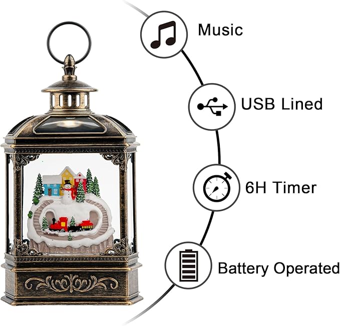 Christmas Village Snow Globe Lantern Musical Lighted Mountain Village Snowman & Train Water Lantern in Swirling Glitter, Christmas Home Decoration and Gift, Battery Operated or USB Powered